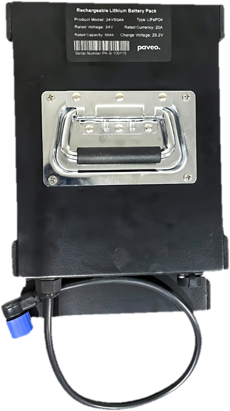Paveo's rechargeable 24V 100Ah LiFePO4 battery pack, with its chrome carry handle and weatherproof connector cable